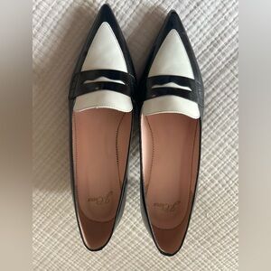 J.Crew kitten, heeled, black, and white loafer